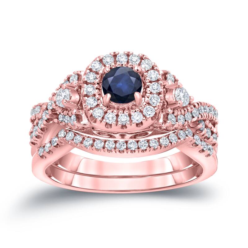 14k Gold 1/4ct Sapphire and 1/2ct TDW Halo Diamond Engagement Ring Set by Auriya