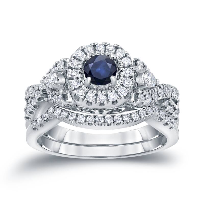 14k Gold 1/4ct Sapphire and 1/2ct TDW Halo Diamond Engagement Ring Set by Auriya