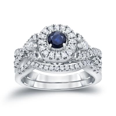 14k Gold 1/4ct Sapphire and 1/2ct TDW Halo Diamond Engagement Ring Set by Auriya