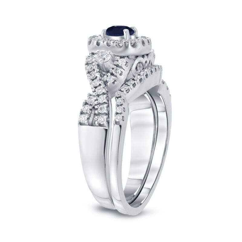 14k Gold 1/4ct Sapphire and 1/2ct TDW Halo Diamond Engagement Ring Set by Auriya