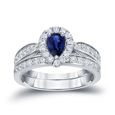 14k Gold 1/2ct Pear Shaped Sapphire and 1/2ct TDW Halo Diamond Engagement Ring Set by Auriya