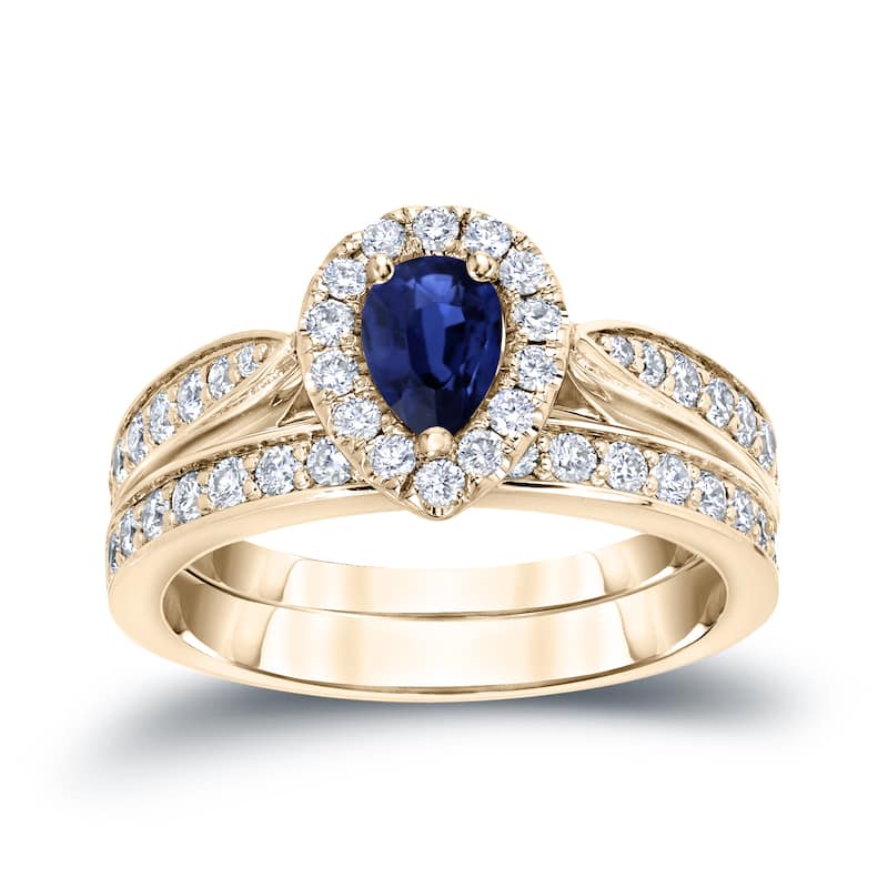 14k Gold 1/2ct Pear Shaped Sapphire and 1/2ct TDW Halo Diamond Engagement Ring Set by Auriya
