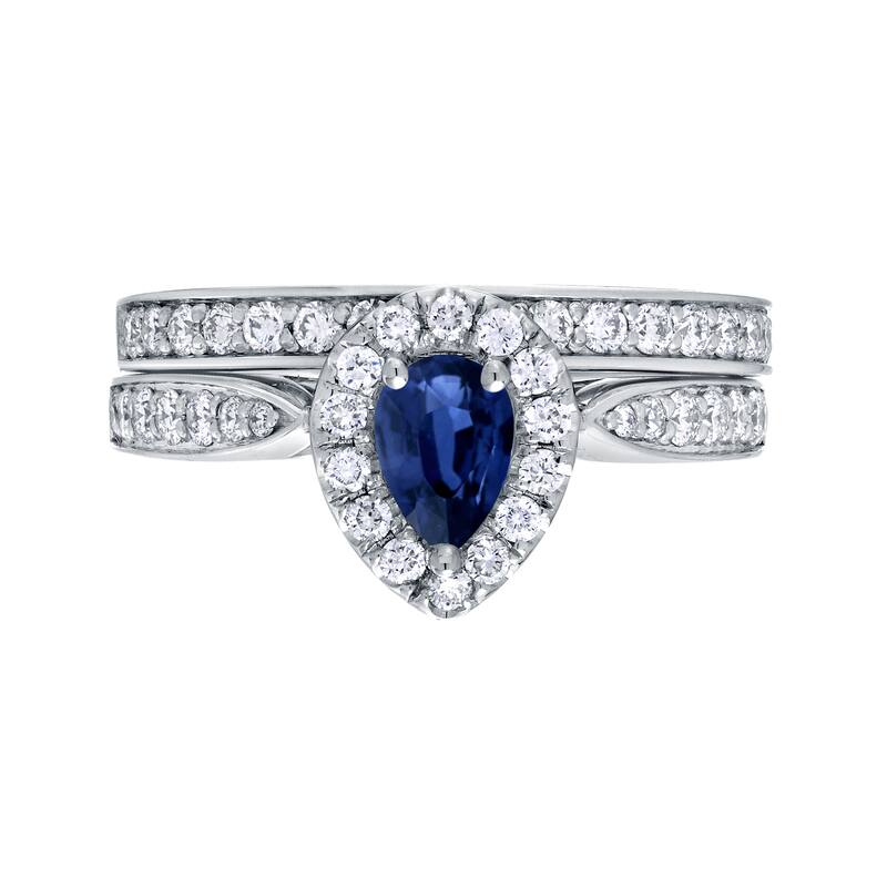 14k Gold 1/2ct Pear Shaped Sapphire and 1/2ct TDW Halo Diamond Engagement Ring Set by Auriya