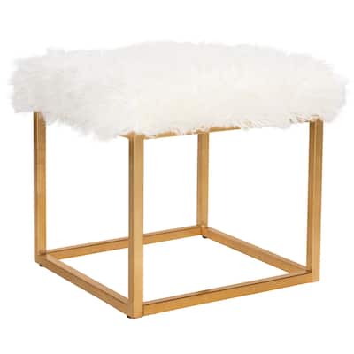 SAFAVIEH Rowan Contemporary Glam Faux Sheepkin Square White Ottoman