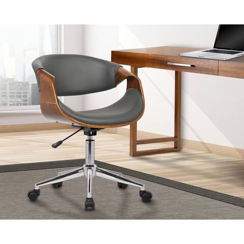 Armen Living Geneva Mid-Century Office Chair in Chrome finish with Grey Faux Leather and Walnut Vene