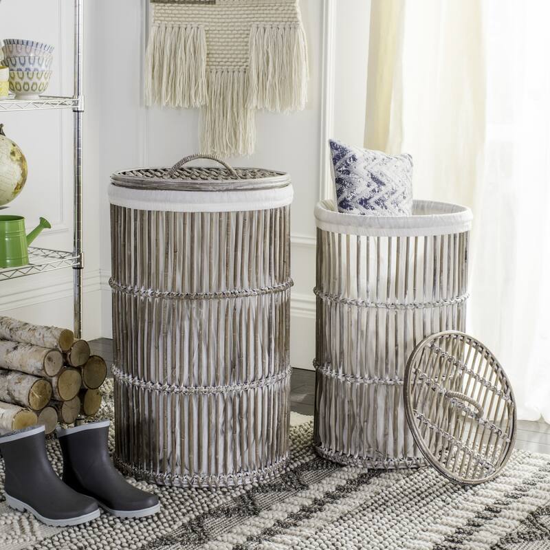 SAFAVIEH Libby White Wash Rattan Storage Hamper With Liner - 17.7" x 17.7" x 29.5"