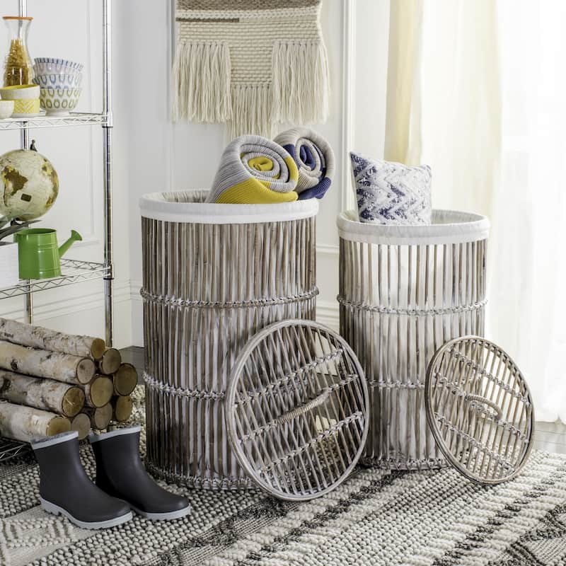 SAFAVIEH Libby White Wash Rattan Storage Hamper With Liner - 17.7" x 17.7" x 29.5"
