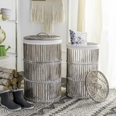 SAFAVIEH Libby White Wash Rattan Storage Hamper With Liner - 17.7" x 17.7" x 29.5"