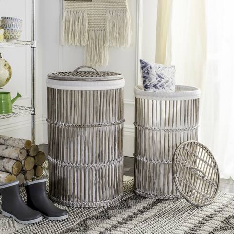 SAFAVIEH Libby White Wash Rattan Storage Hamper With Liner - 17.7" x 17.7" x 29.5"