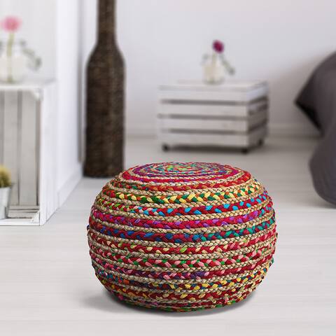 LR Home Boho Braided Multi Chindi Jute Pouf Ottoman ( 14" x 20" )