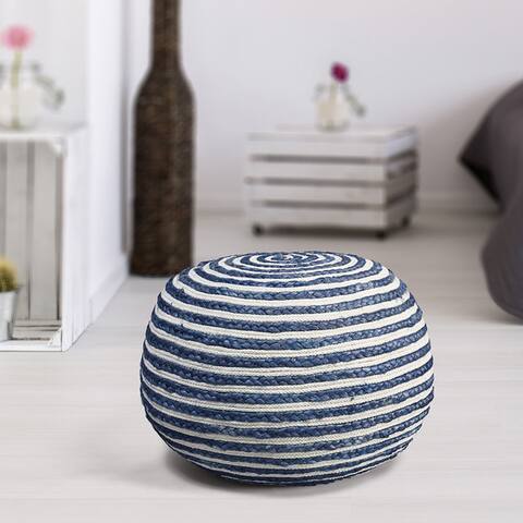 LR Home Deep Sea Blue and White Braided Pouf Ottoman