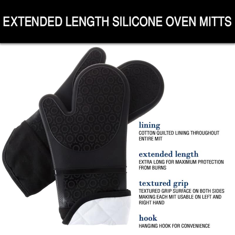 Silicone Oven Mitts – Extra Long Quality Heat Resistant with Quilted Lining and 2-sided Textured Grip by Windsor Home