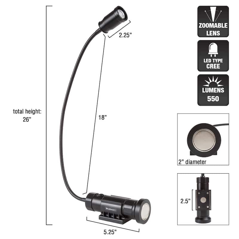 Magnetic Lamp, CREE LED Work Light With 550 Lumen, Two Magnet Bases and Flexible Gooseneck By Stalwart (Black)