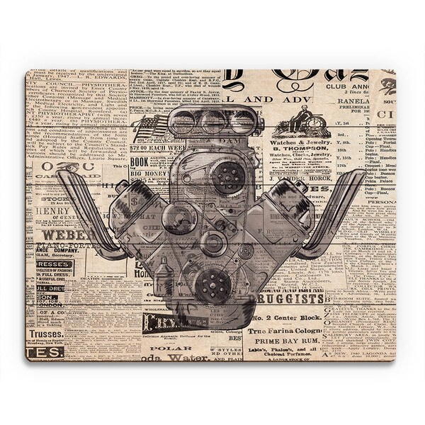 Engine on Vintage Newsprint Wall Art Print on Wood