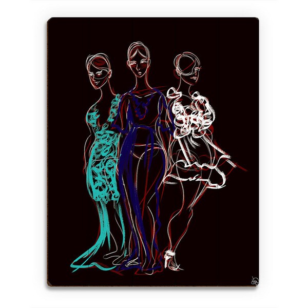 Fashionista Trio Red Sketch Wall Art Print on Wood