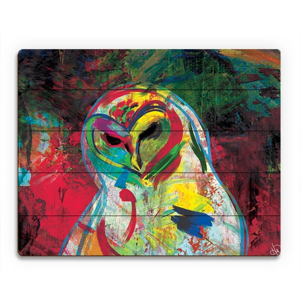 Spooky Colorful Owl on Crimson Wall Art on Wood