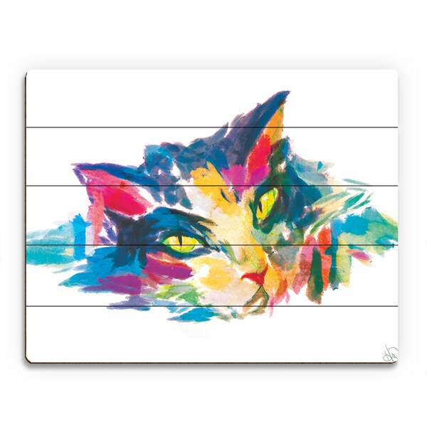 Watercolor Cat in Blue Wall Art Print on Wood