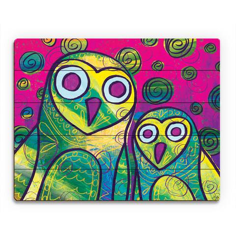 Wild Colorful Owls -Yellow Wall Art Print on Wood