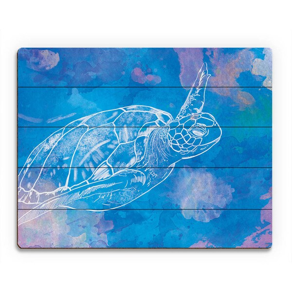 Sea Turtle Swimming on Blue Wall Art Print on Wood