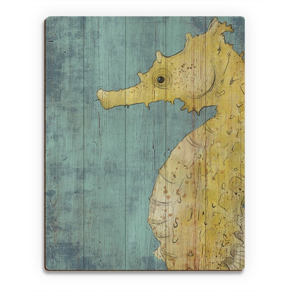Big Seahorse in Yellow Wall Art Print on Wood