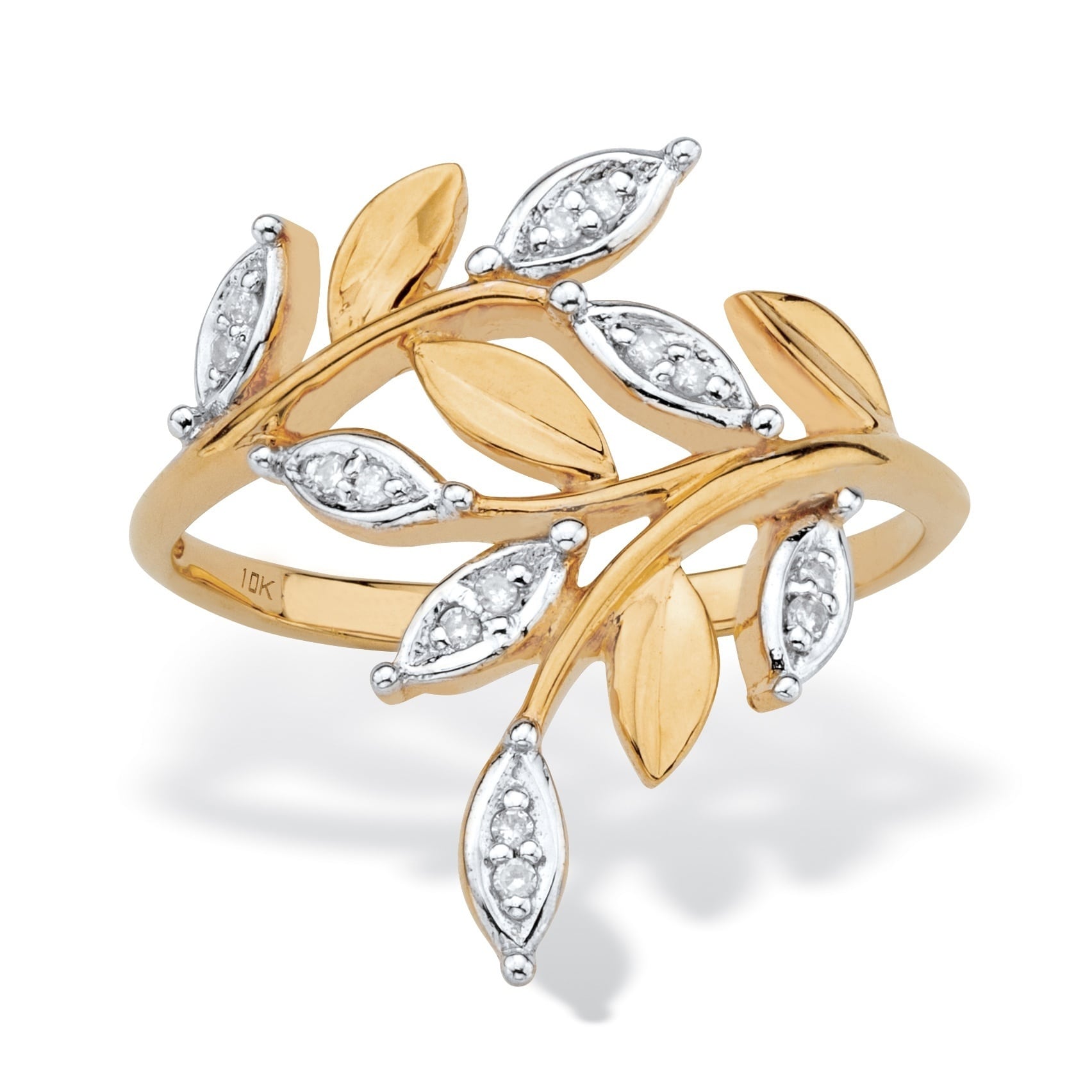 Jewel Zone US White Cubic Zirconia Leaf Design Bypass Ring in 14k Gold Over Sterling Silver