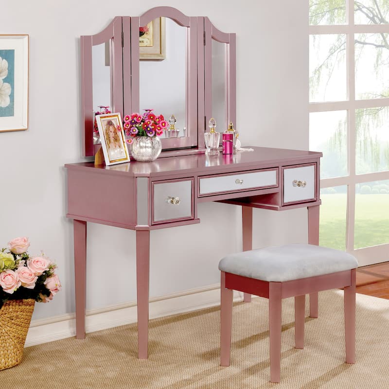 Furniture of America Doa Glam Solid Wood 3-Piece Makeup Vanity Set with Tri-fold Mirror