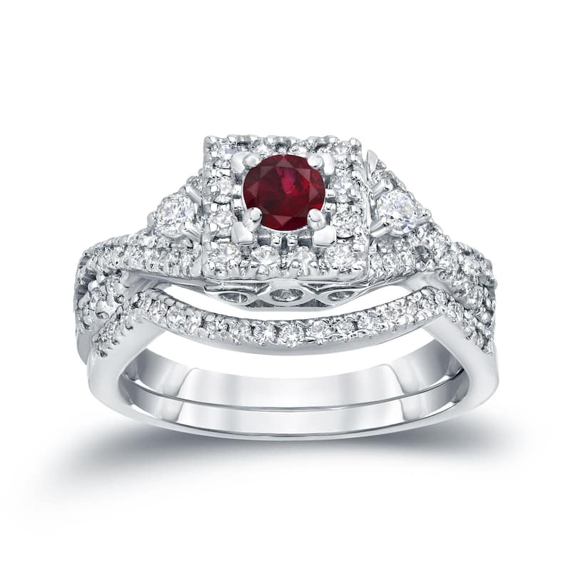 14k Gold 1/4ct Ruby and 1/2ct TDW Diamond Braided Infinity Engagement Ring Set - 4 - White