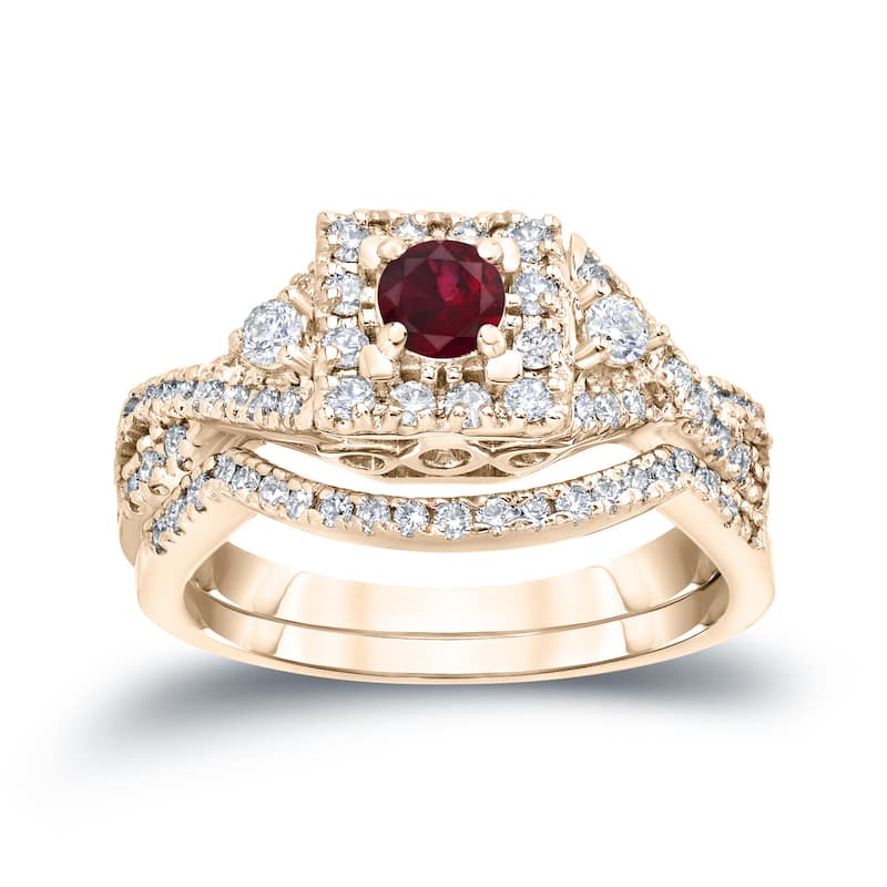 14k Gold 1/4ct Ruby and 1/2ct TDW Diamond Braided Infinity Engagement Ring Set - 4 - Yellow
