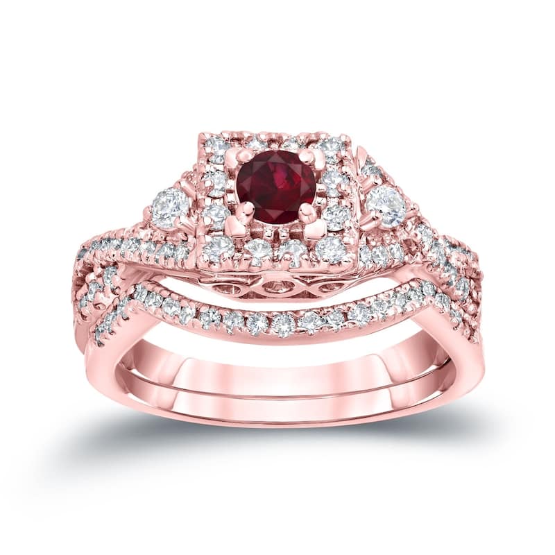 14k Gold 1/4ct Ruby and 1/2ct TDW Diamond Braided Infinity Engagement Ring Set - 4 - Rose