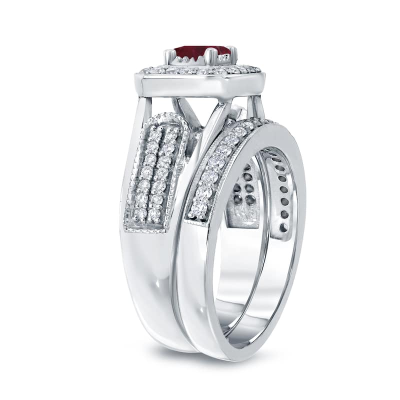 14k Gold 1/6ct Ruby and 1/2ct TDW Halo Diamond Engagement Ring Set