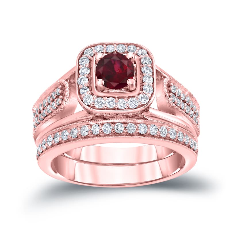 14k Gold 1/6ct Ruby and 1/2ct TDW Halo Diamond Engagement Ring Set
