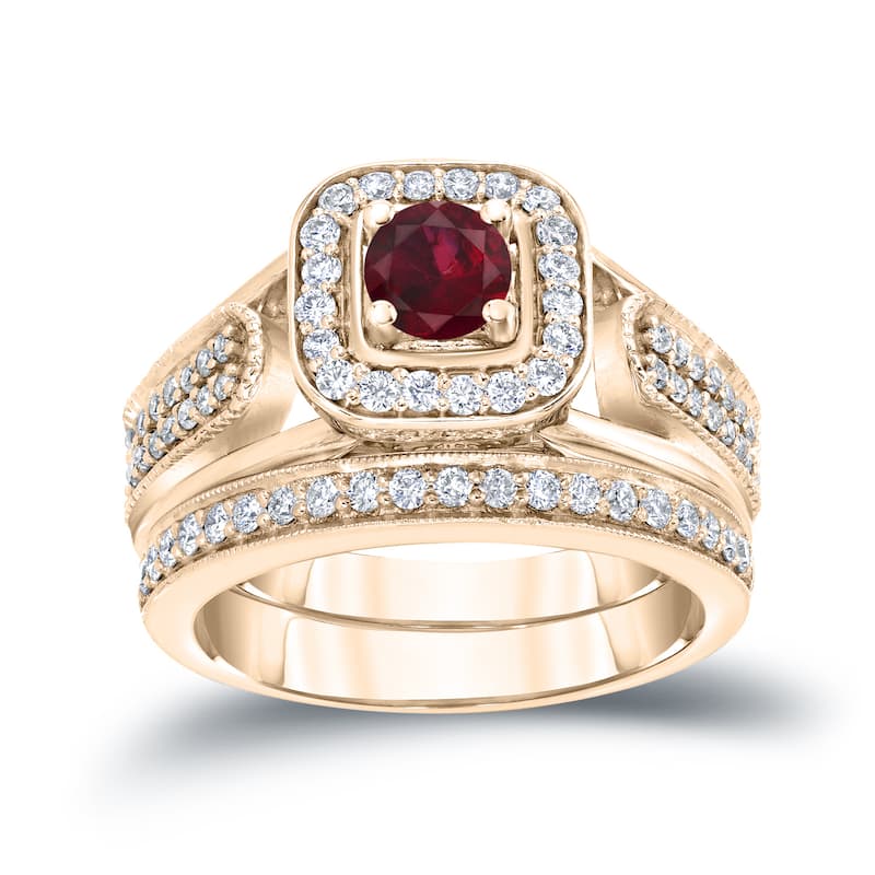 14k Gold 1/6ct Ruby and 1/2ct TDW Halo Diamond Engagement Ring Set