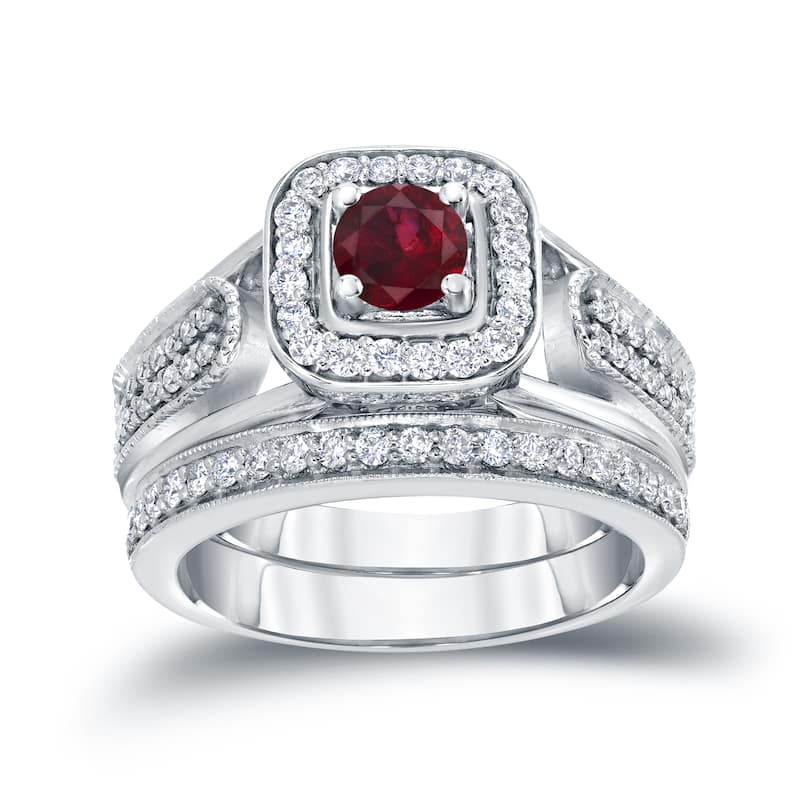 14k Gold 1/6ct Ruby and 1/2ct TDW Halo Diamond Engagement Ring Set