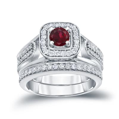 14k Gold 1/6ct Ruby and 1/2ct TDW Halo Diamond Engagement Ring Set