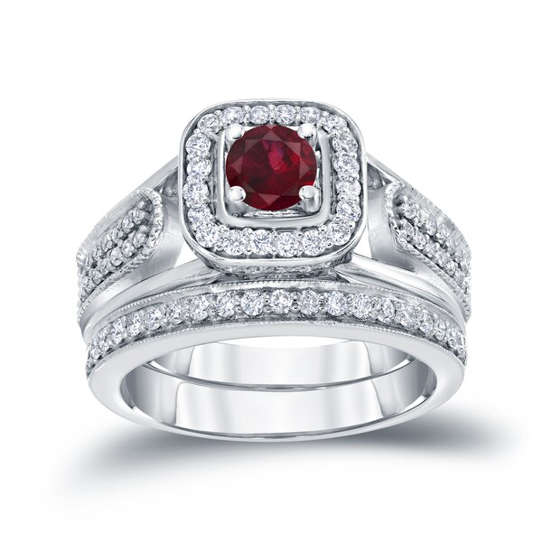 14K Gold Plated Red Ruby & White Cubic Zirconia Ladies 3 Stone Halo Bridal Engagement Ring with Matching Band Set