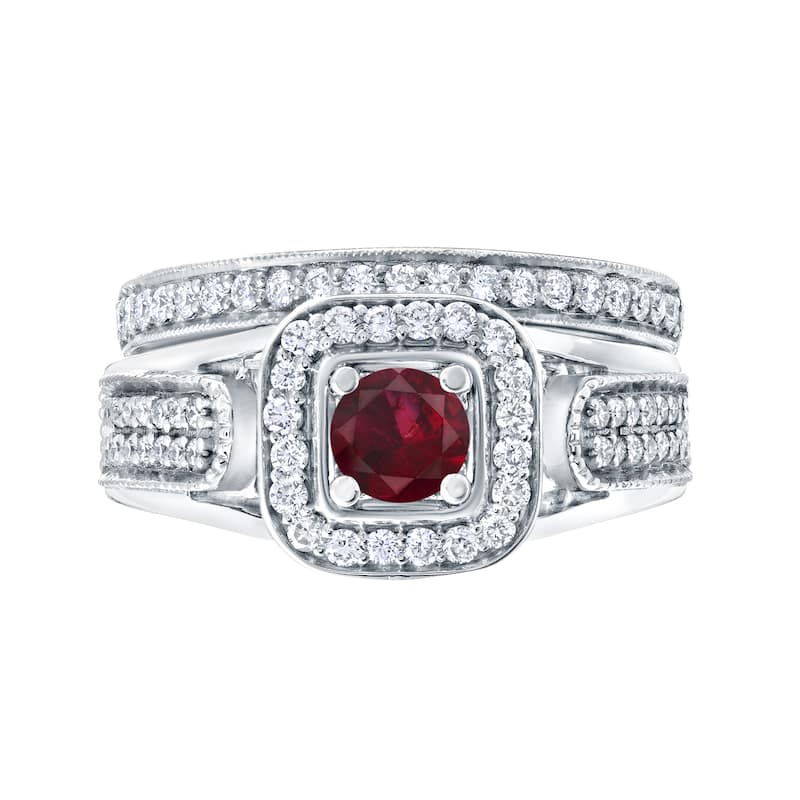 14k Gold 1/6ct Ruby and 1/2ct TDW Halo Diamond Engagement Ring Set