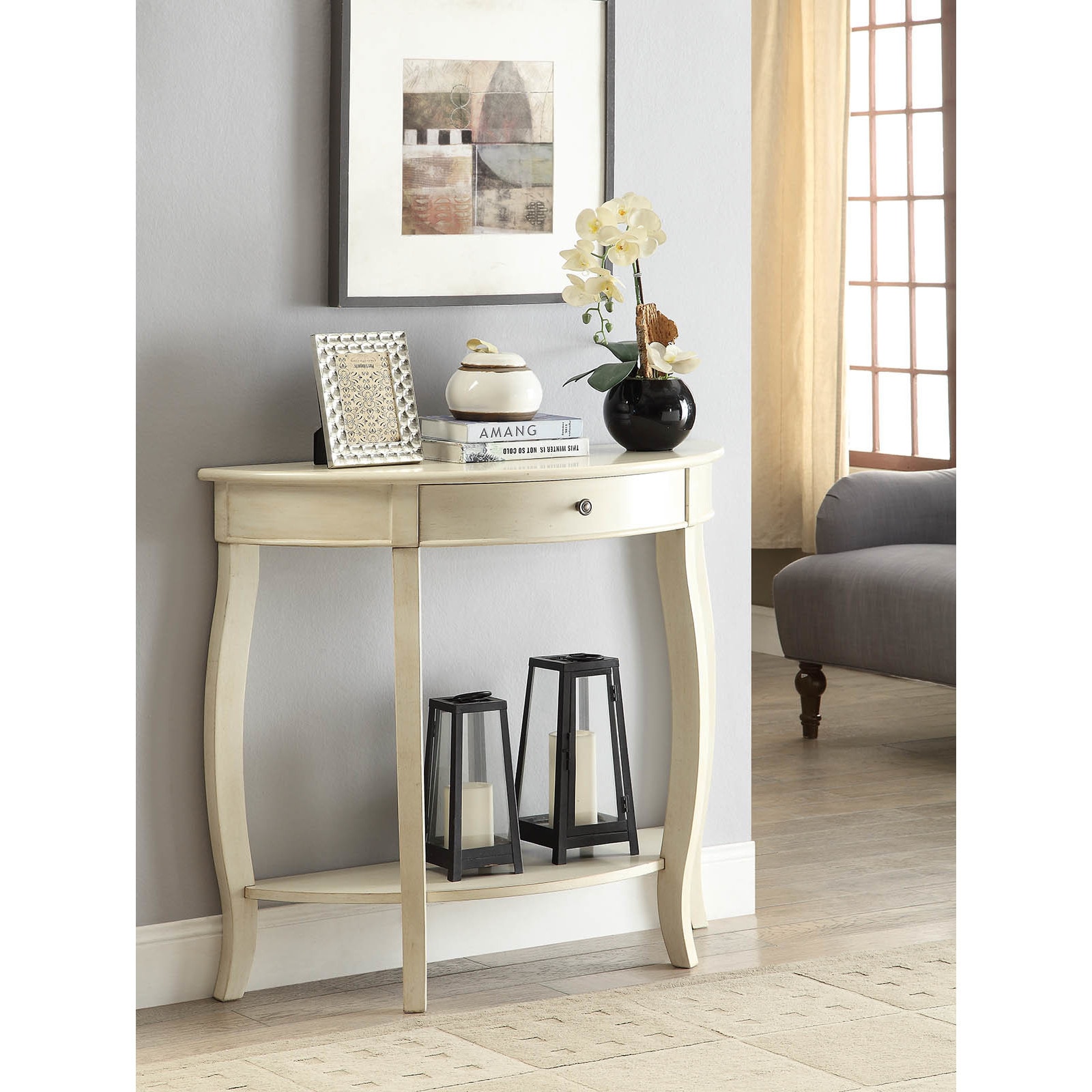 Shop Yvonne Half Moon Console Table With Drawer In Antique White