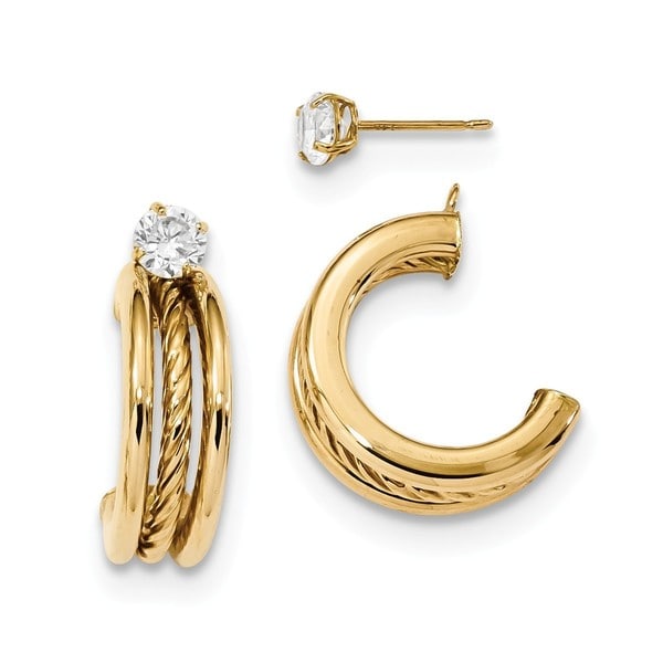 14 Karat Polished Triple Hoops With Rope Earring Jackets 14 Karat Polished Triple Hoops With Rope Earring Jackets Cz Studs