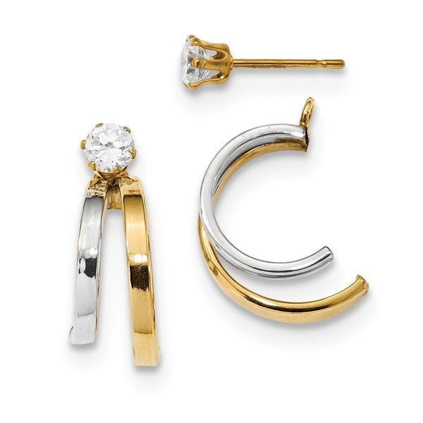 14 Karat Two Tone Double Hoop Earring Jackets With Cz Studs 14 Karat Two Tone Double Hoop Earring Jackets With Cz Studs