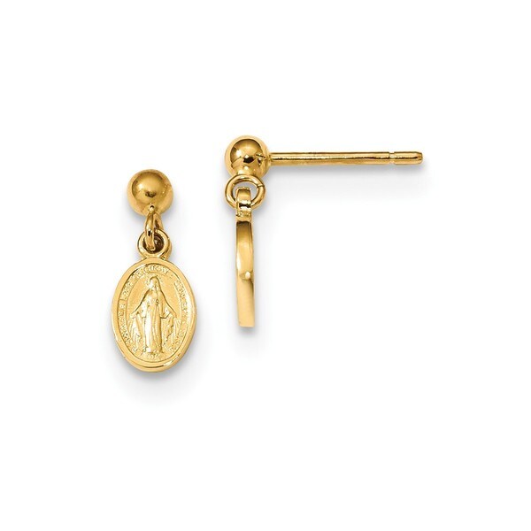 14 Karat Polished Miraculous Medal Dangle Post Earrings Free 14 Karat Polished Miraculous Medal Dangle Post Earrings