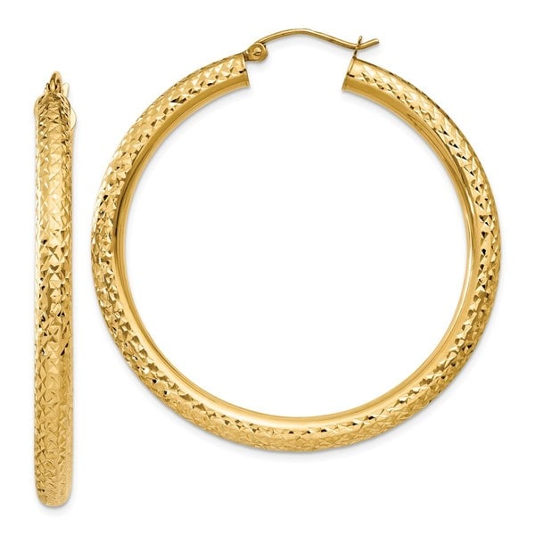 14 Karat Diamond Cut 4mm Round Hoop Earrings Free Shipping 14 Karat Diamond Cut 4mm Round Hoop Earrings