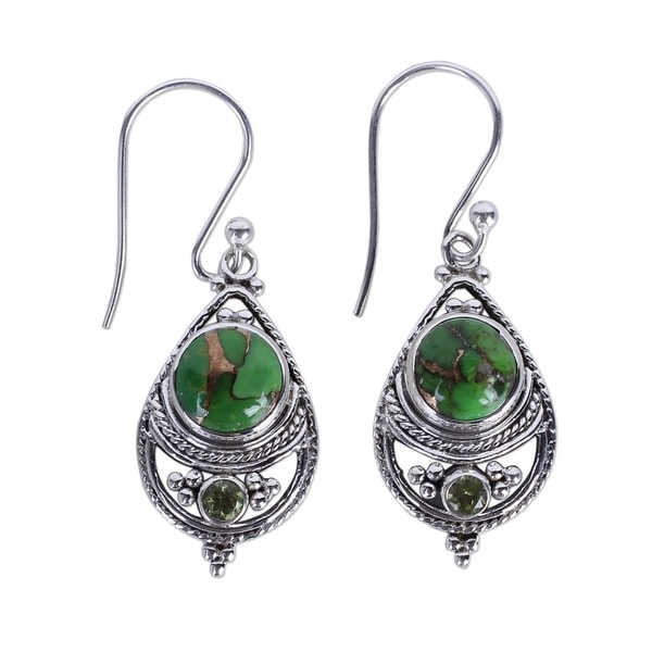 Handmade Sterling Silver 'Green Elegance' Peridot Turquoise Earrings (India)