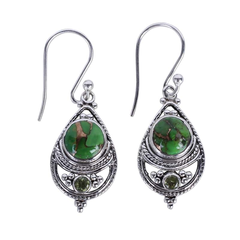 NOVICA Handmade Sterling Silver Green Elegance Peridot Turquoise Earrings (India) - 1.6*0.5 - Silver - White