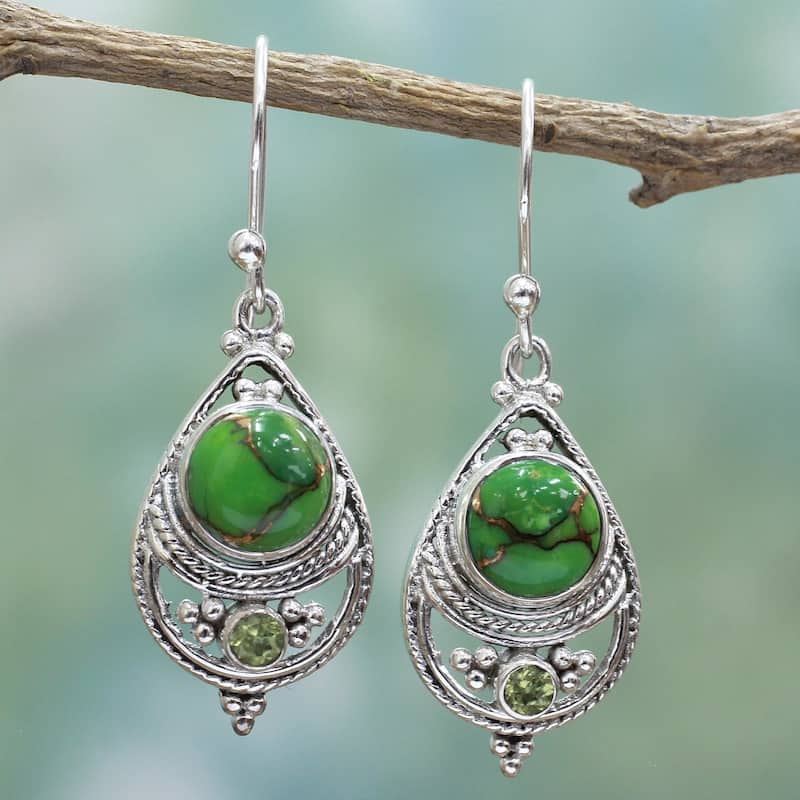 NOVICA Handmade Sterling Silver Green Elegance Peridot Turquoise Earrings (India) - 1.6*0.5