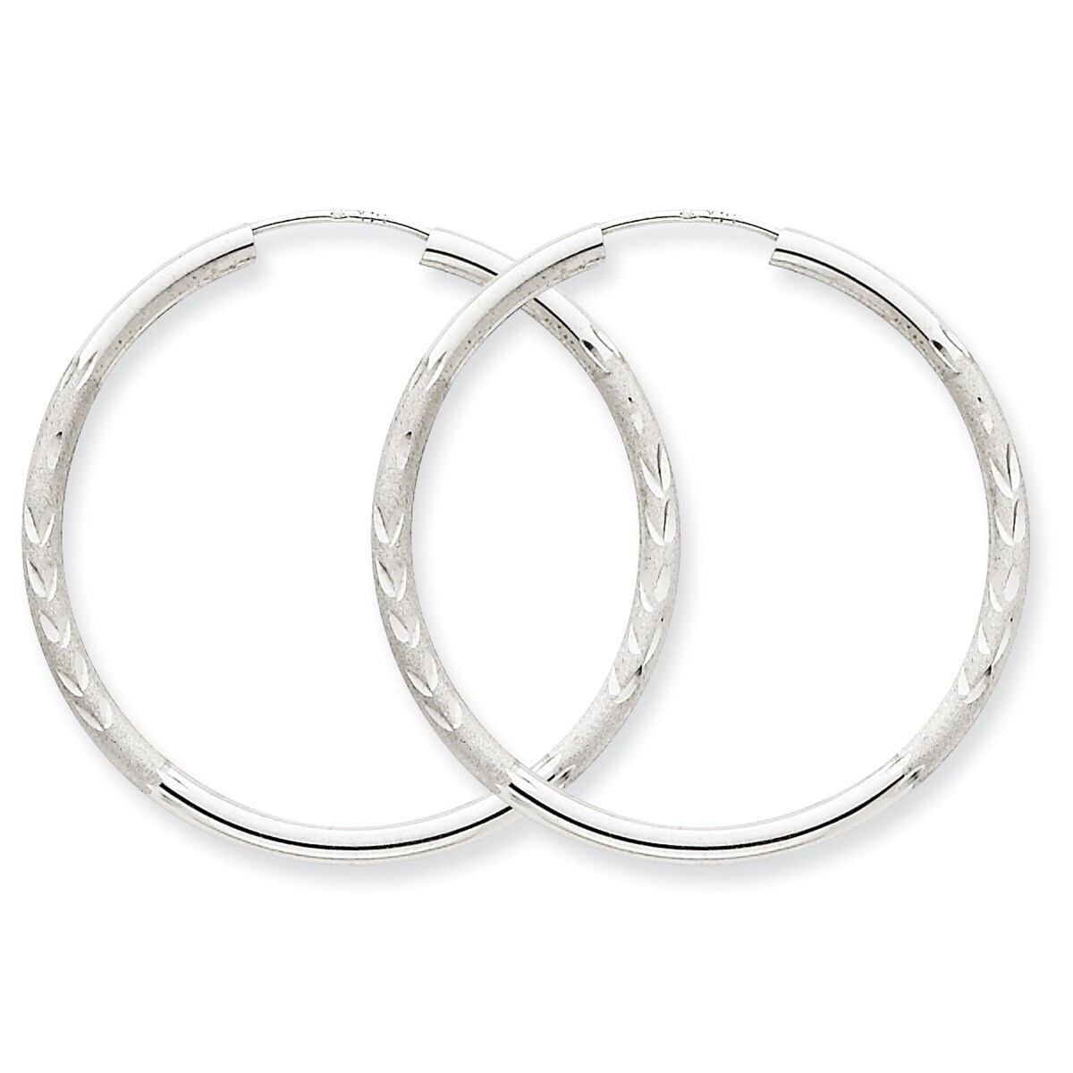 14k White Gold 2mm Thickness Endless Diamond Cut Hoop Earrings Diameter 30mm