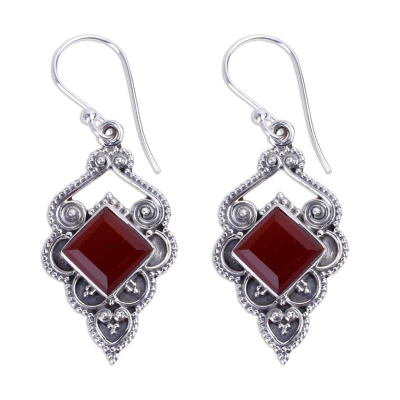 NOVICA Handmade Sterling Silver Glorious Orange Carnelian Earrings (India) - 1.8*0.7 - Silver - White