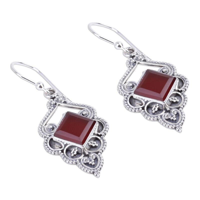 NOVICA Handmade Sterling Silver Glorious Orange Carnelian Earrings (India) - 1.8*0.7