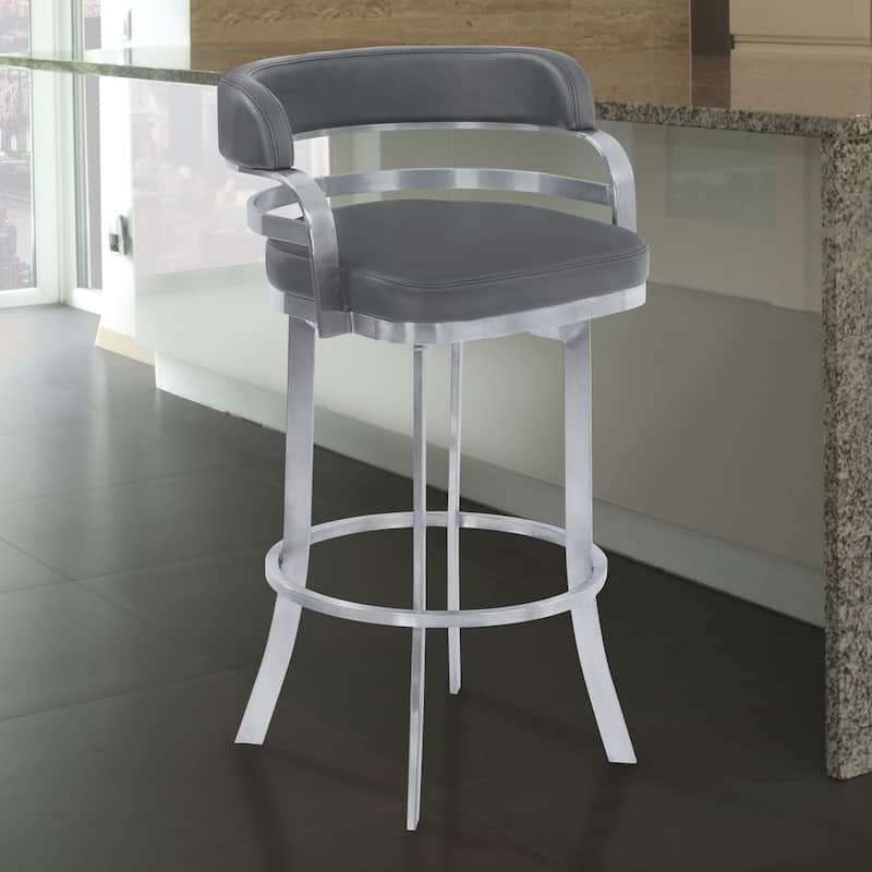 Armen Living Prinz Grey Faux Leather Stainless Steel Stool