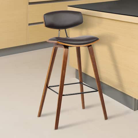 Armen Living Fox Mid-century Brown Faux Leather Barstool with Walnut Wood Frame