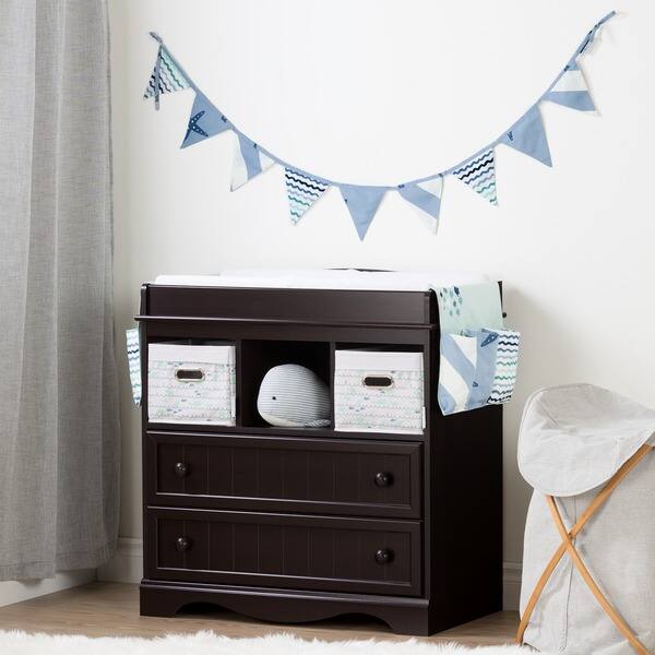 slide 2 of 8, South Shore Savannah Espresso and Blue Changing Table with Little Whale Runner and Pennant Banner